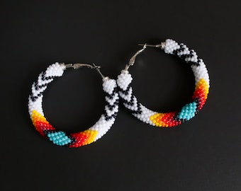 White Turquoise Native Style Hoop Earrings, Southwestern Style Earrings, White Boho Hoops, Native Style Beadwork Jewelry MADE TO ORDER