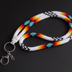 White Ethnic Style Lanyard, Beadwork Lanyard, White Beaded Lanyard, Badge Holder, Beaded Id Holder, ID Card Necklace - MADE TO Order