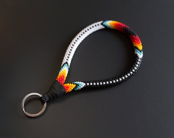 Black White Native Style Beaded Wristlet, Handmade Wrist Keychain, Ethnic Boho Accessory, Beadwork Key Fob MADE TO ORDER