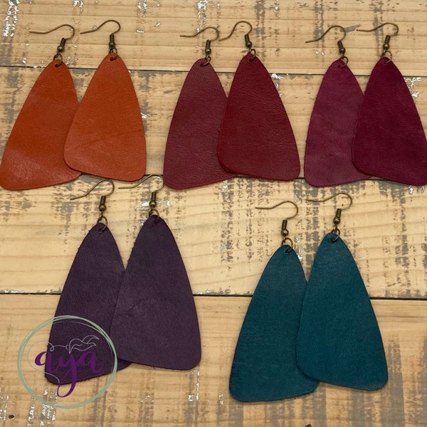 Wedge Leather Earrings, Large Wedge Earrings, Jewel Tone Colors, Rich Colors, Statement Earrings