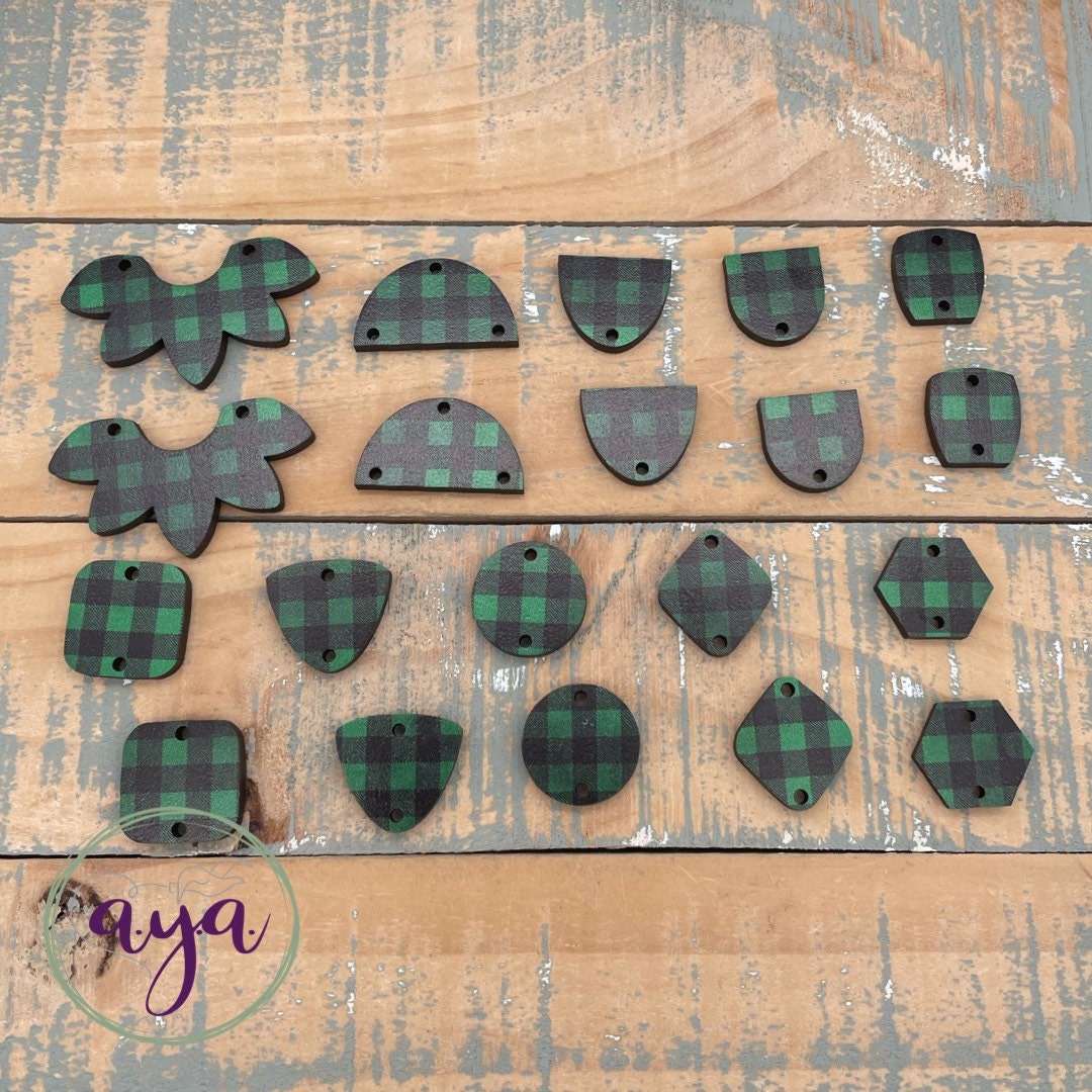 CLEARANCE Green Buffalo Plaid Print Wood Connectors, Earring Findings, Wood Findings, Wood Blanks, Earring Connectors, Holiday