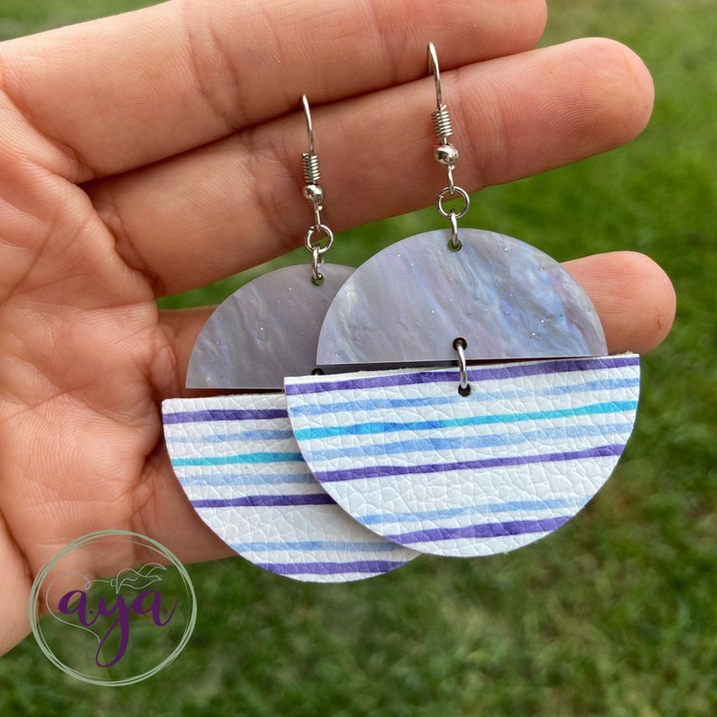 Semicircle Earrings Modern Earrings m Acrylic and Faux Leather Half Moons Earrings Gifts for Her Glitter Acrylic