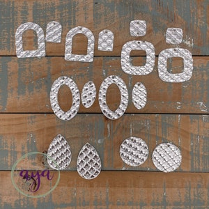May include: A collection of silver metal earring blanks with a quilted texture. The shapes include ovals, circles, teardrops, and squares.