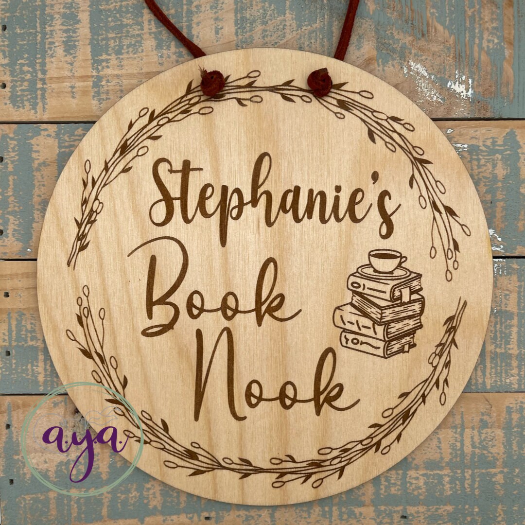 Personalized Book Nook Engraved Plaque, Wood Sign, Book Nook Sign
