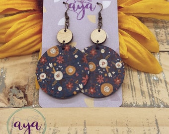 Navy Floral Cork on Leather and Maple Circle Earrings, Swing Earrings, Wood and Leather Earrings, Cork Earrings, Gifts for Her