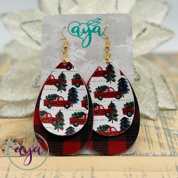 Christmas Trucks and Buffalo Plaid Teardrop Earrings, Christmas Earrings, Holiday Earrings, Christmas, Vintage Trucks, Red Trucks