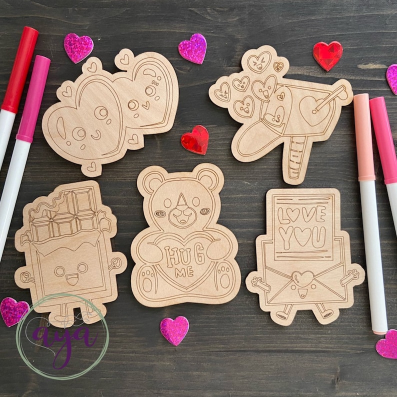 Class Party Valentines Coloring Class Set Valentines Party Favors Valentines Day Party Art Projects Gift Sets Wood Coloring Set