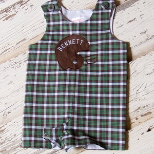 Boys Personalized Shortall Jon Jon Brown Plaid Football Helmet Applique