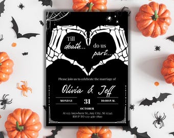 Gotyckie zaproszenie na ślub na Halloween: edytowalny szablon Canva (pobranie cyfrowe)