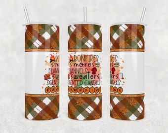 Pliki PNG gotowe do pobrania dla 20-uncjowego, cienkiego pliku cyfrowego z flanelową kratą i dynią w kształcie ogniska Smores Fall Pumpkin Sublimation Tumbler