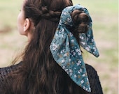 Bandana, Head Wrap, Seafoam Green Floral Hair Tie, Sunflower Yellow Women's Hair Tie, Top Knot Headband, Rockabilly Headband