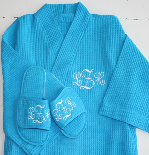 Items similar to Monogrammed Robe and Slipper Set Something Blue Bridal