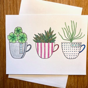 Carte vide / Plantes dans tasses / Dessiné à la main / Carte ivoire