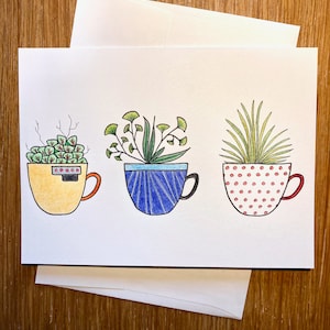 Carte vide / Plantes dans tasses / Dessiné à la main / Carte ivoire