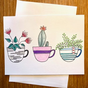 Carte vide / Plantes dans tasses / Dessiné à la main / Carte ivoire