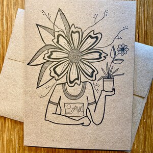 Carte vide / Personnage tête de fleur / Dessiné à la main / Carte brune