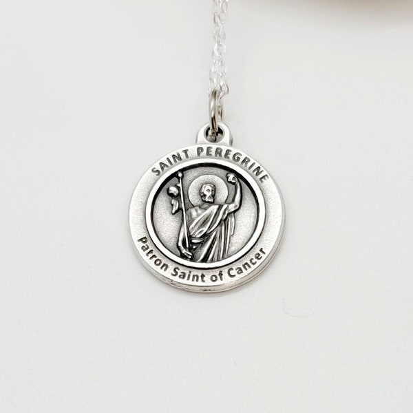 Saint Peregrine Patron Saint of Cancer, Italian 3/4" Silver Medal Catholic Gift, Patron Saint Of Healing, Necklace With Gift Box