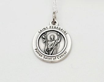 Saint Peregrine Patron Saint of Cancer, Italian 3/4" Silver Medal Catholic Gift, Patron Saint Of Healing, Necklace With Gift Box