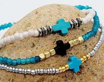 Cross Jewelry Blue Stacking Bracelet, Gift For Her Bracelet Set, Lenten Jewelry