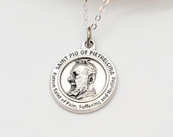 Saint Pio of Pietrelcina Patron Saint of Pain, Suffering and Healing, Italian PADRE PIO 3/4" Silver Medal, Catholic Necklace With Gift Box