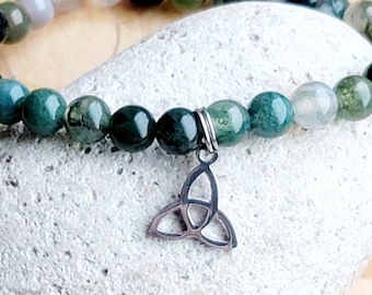 Celtic Knot Charm Stainless Steel Moss Agate Stone Irish Jewelry