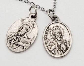 Saint Peter and Paul Catholic Medal Stainless Steel Chain Necklace, Catholic Medal Necklace, Name Sake, Patron Saints For Him