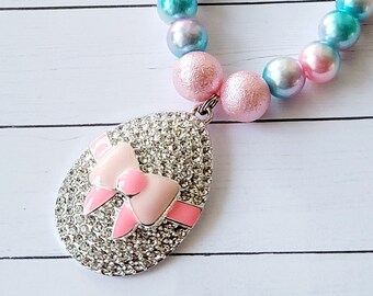 Little Girls Rhinestone Easter Egg Pendant Bead Stretch Necklace, Spring Jewelry Girls Easter Gift Necklace