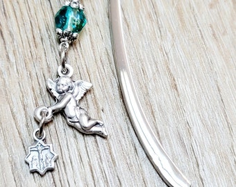 Flying Angel Charm Bookmark, Blue Glass Silver Metal Bookmark, Bible Book Lover Stocking Stuffer Student Gift