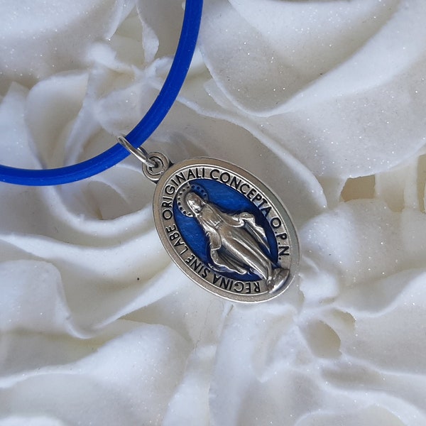 Miraculous Medal Necklace, Enamel Our Lady Mother Mary Pendant Stretchy Cord Necklace, First Communion Baptism Gift