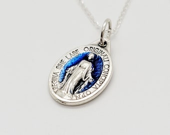 Miraculous Medal, Sterling Silver Chain Necklace, Blue Enamel Latin Marian Medal, Catholic Gift, Catholic Medal Necklace