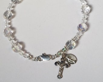 Rosary Bracelet, Confirmation Gift Catholic Jewelry Crucifix and Miraculous Medal Charms Glass Bead Bracelet Lg 8 Inch Adult Size