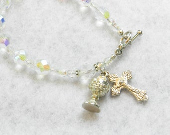 Rosary Bracelet, First Holy Communion, Catholic Jewelry Crucifix Chalice Charm Glass Bead Bracelet Catholic Kids Jewelry First Communion