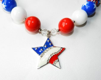 Patriotic Bubblegum Bead Necklace 4th Of July, Chunky Red, White and Blue Rhinestone Pendant For Little Girls Star Flag Chunky Bead Necklace