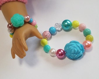 Doll and Me Bracelet, Girls Beaded Rose Bracelet and Doll Jewelry Mixed Color Beads, 18 inch Doll Gift Accessories Set