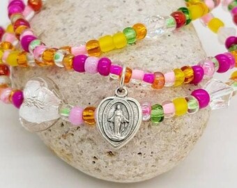 Tiny Heart Miraculous Medal Bracelet Set, Stackable Catholic Bracelets