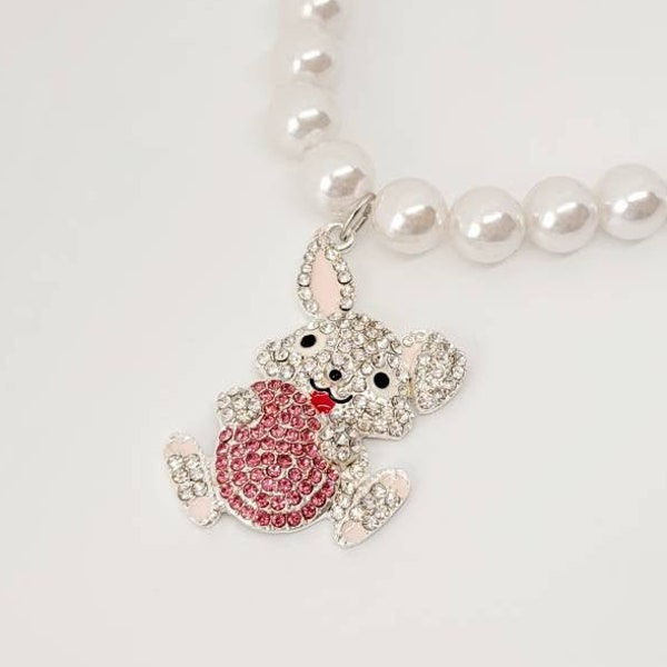 Easter Bunny Egg Pendant, Little Girls Rhinestone Beaded Stretch Necklace, Spring Jewelry Girls and Toddler Necklace