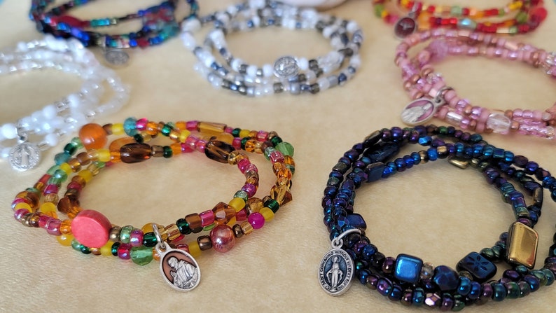 Miraculous Medal Stacking Bracelets Set of Three, Catholic Stackable Bracelets, Mother Mary Tiny Medal image 5