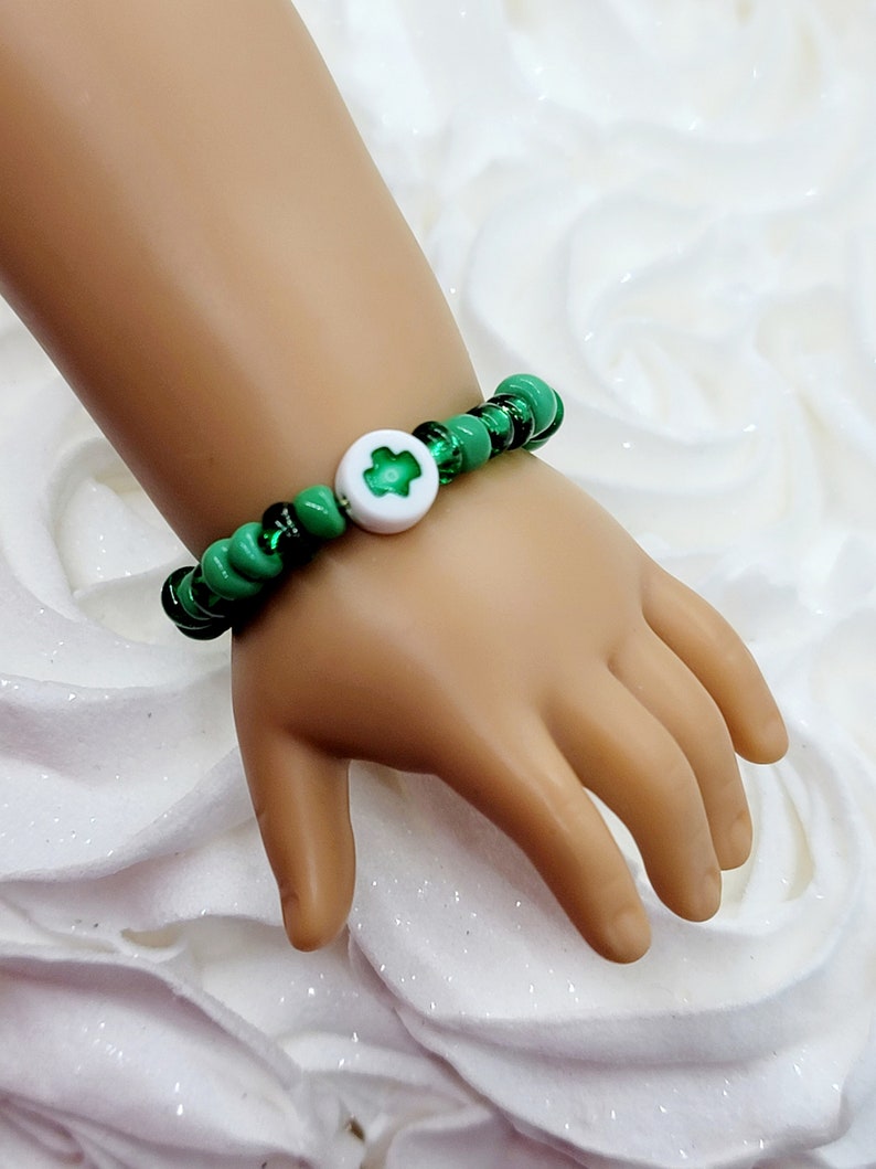 18 inch Doll Jewelry, St. Patrick's Day Doll Accessories, 18 in Doll Clover Bracelet, Green Shamrock Bracelet image 6