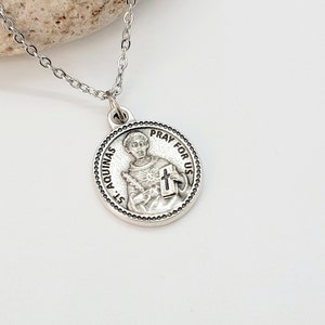 Saint Aquinas Patron Saint of Students Silver Medal, Round Medal Catholic Necklace