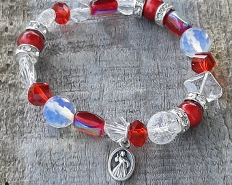 Jesus Divine Mercy Tiny Medal Catholic Bracelet, Red and White Bracelet Catholic Gift Jewelry