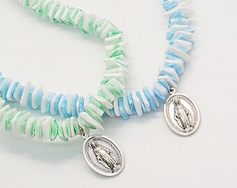 Puka Shell Necklace, Miraculous Medal, Catholic Jewelry Necklace, Mother Mary Catholic Teen Gift