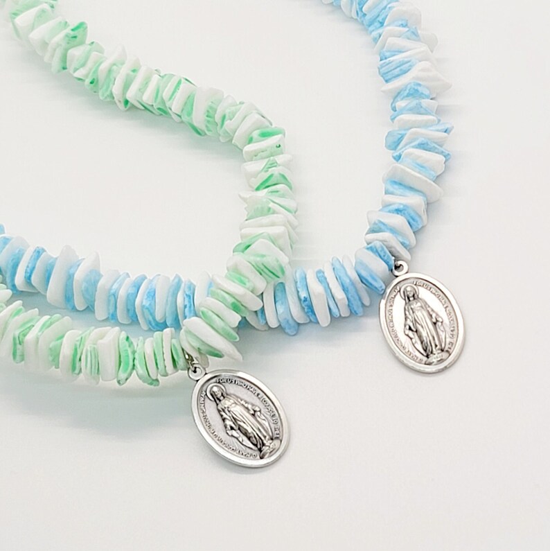 Puka Shell Necklace, Miraculous Medal, Catholic Jewelry Necklace, Mother Mary Catholic Teen Gift image 1