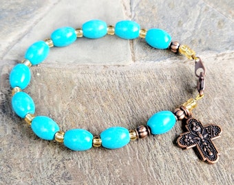 Rosary Bracelet, Antiqued Copper Tiny Four Way Cross Medal Catholic Jewelry Turquoise Bead Bracelet Adult Size