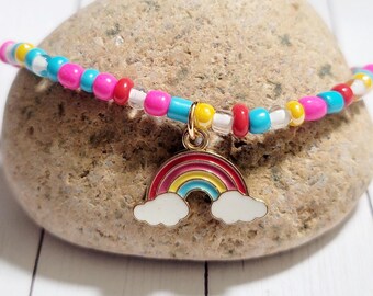 Seed Bead Stretch Stackable Bracelets, Rainbow Charm