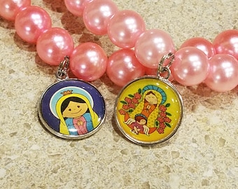 Our Lady Little Girl Or Doll Size Jewelry, Virgen de Guadalupe Pink Pearl Beaded Necklace, Mother Mary Pendant