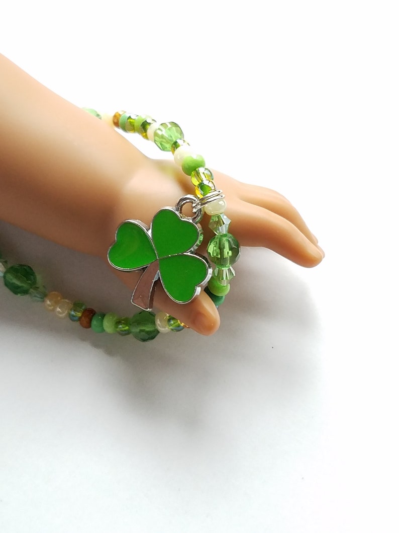 18 inch Doll Jewelry, St. Patrick's Day Doll Accessories, 18 in Doll Clover Bracelet, Green Shamrock Bracelet image 4