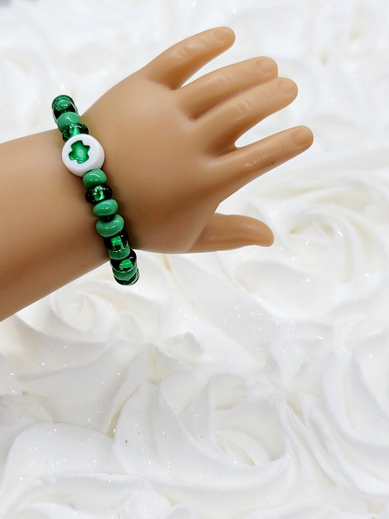 18 inch Doll Jewelry, St. Patrick's Day Doll Accessories, 18 in Doll Clover Bracelet, Green Shamrock Bracelet image 9