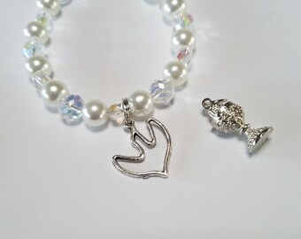 Confirmation Gift, First Holy Communion Gift Catholic Bracelet IHS Chalice Charm, Dove Charm Glass Pearl Bracelet