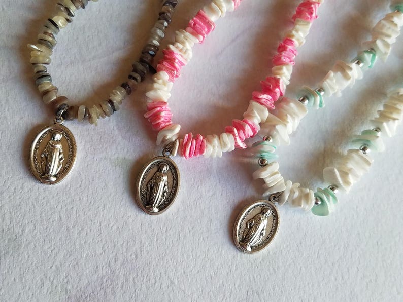 Puka Shell Necklace, Miraculous Medal, Catholic Jewelry Necklace, Mother Mary Catholic Teen Gift image 2