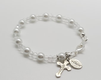 First Holy Communion Gift Baptism Gift Catholic Rosary Bracelet Cross Tiny Crucifix and Miraculous Medal Charm Glass Pearl Bead Bracelet